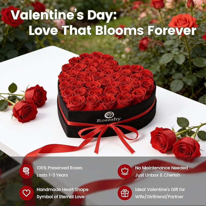 Valentines Day Flowers Roses Gifts for Her,50pcs Red Forever Preserved Roses in Heart Shape Gift Box,Valentines Day Delivery Prime Gifts-Roses Gifts for Women,Mom.