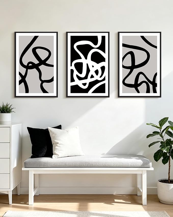 PHOPAGO Black and Gray Abstract Framed Wall Art Large 16x24in Decor Ink Wash Dark Brush Stroke Prints Modern Art Decorative Bedroom Living Room Home Decor - Black Framed