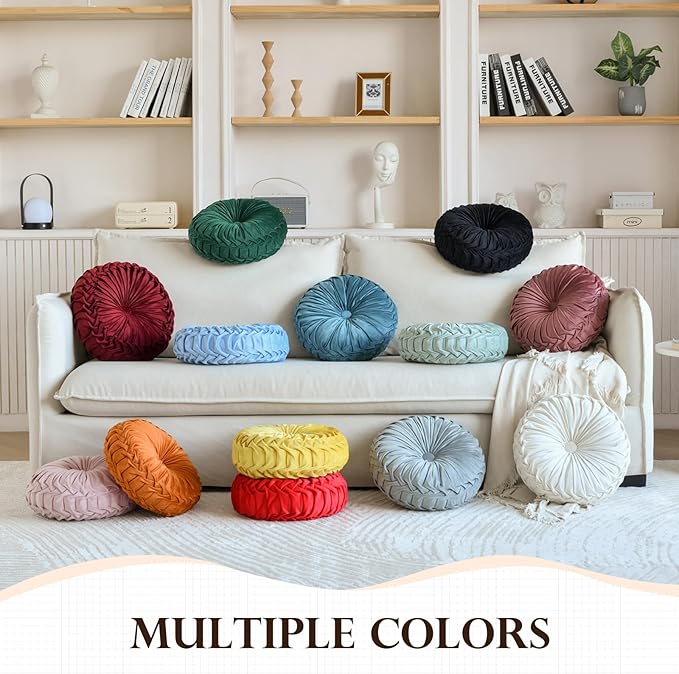 Teieas 2 Pcs Round Throw Pillows Decorative Pumpkin Velvet Boho Pleated Bed Pillows Back Support for Couch Chair Dorm Car 14.96'' (Olive)