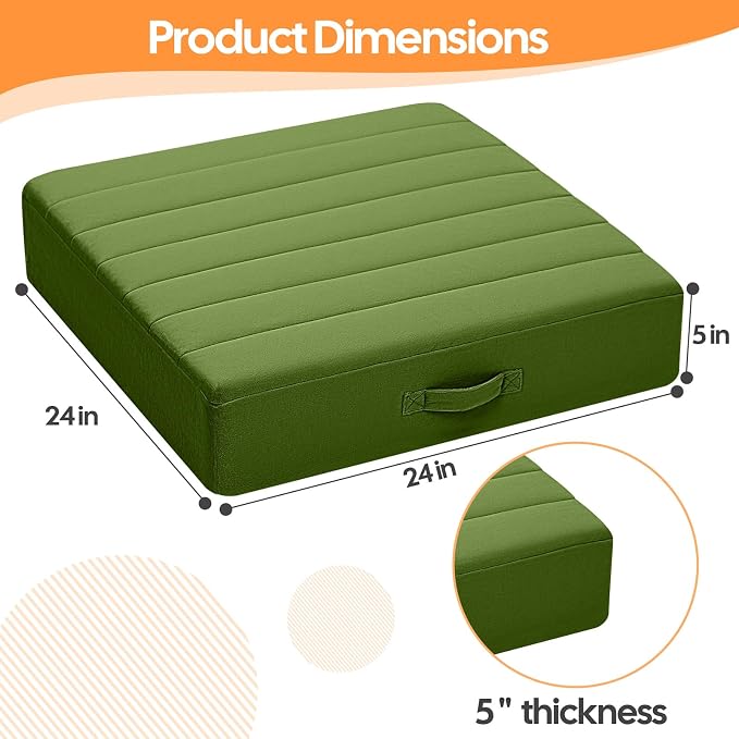 MeMoreCool Square Floor Pillows for Adults Kids, 2 Sets Large Meditation Cushion with 5" Thick Foam and Washable Tufted Cover, 24 Inch Green Seat Floor Cushions for Sitting and Yoga