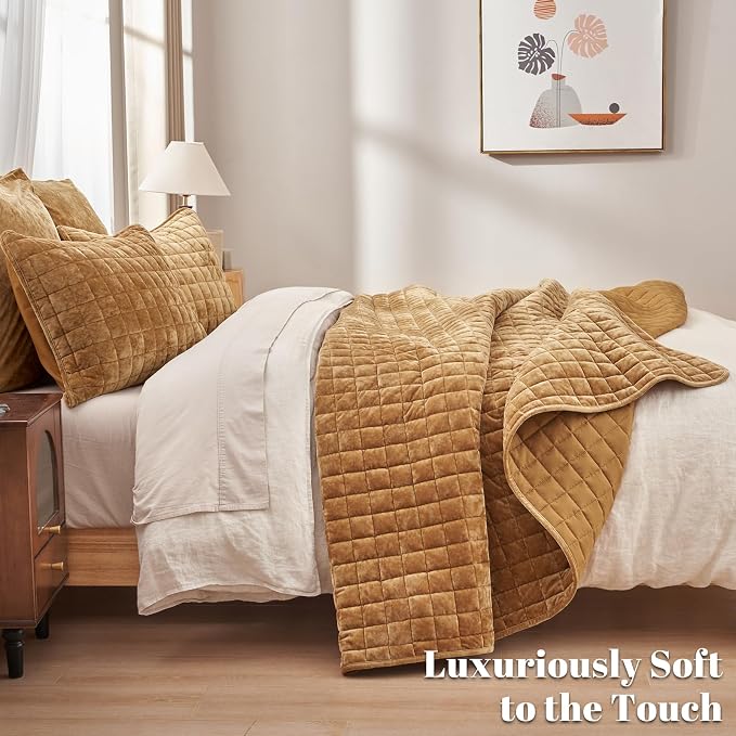 PHF Luxurious Velvet Quilt Set Queen Size – 3PCS Super Soft Quilted Comforter Alternative with Square-Box Quilt Pattern, Warm Quilted Bedspread Coverlet, 90" x 92", Rusty Burnt Orange