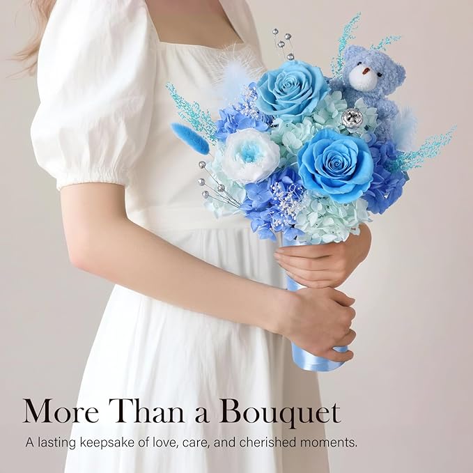 Preserved Flowers Bouquet with Bear, Real Forever Flowers for Delivery, Long-Lasting Blue Eteranl Roses Bouquet, Mothers Day Gifts for Mom Grandma Wife, Anniversary Birthday Gifts for Women Girlfriend