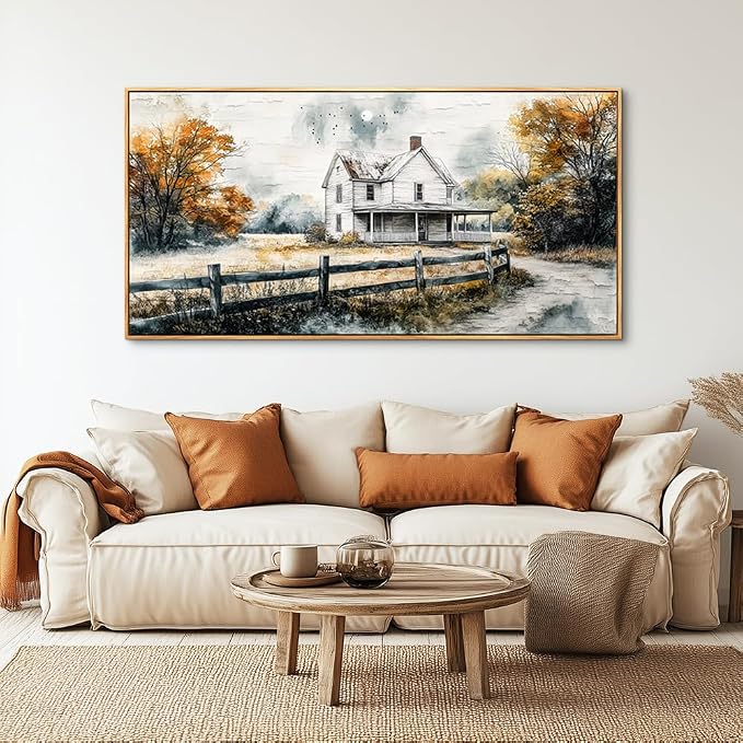 QIYILEXWART Wood Framed Canvas Wall Art For Living Room Large Wall Decor For Office Bedroom Decoration Farmhouse Watercolour Pictures White Hut Painting Artworks Room Ready To Hang