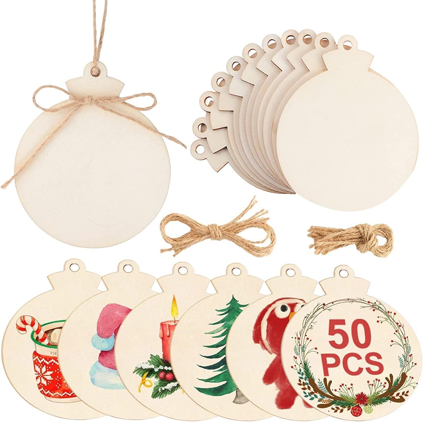 OurWarm 50pcs DIY Wooden Christmas Ornaments for Crafts, 4" Blank Wood Ornaments to Paint, Natural Unfinished Wood Slices Hanging Christmas Crafts Tree Decorations