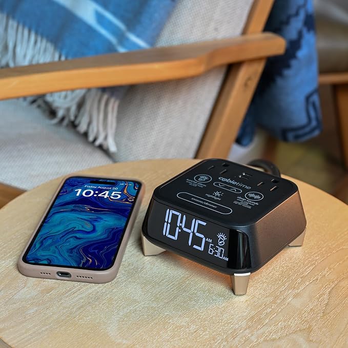 Brandstand CubieTime Zen (Latest Model) - White Noise/Sleep Sounds Alarm Clock Charger with 2 USB-C Ports, 2 Power Outlets, Night Light