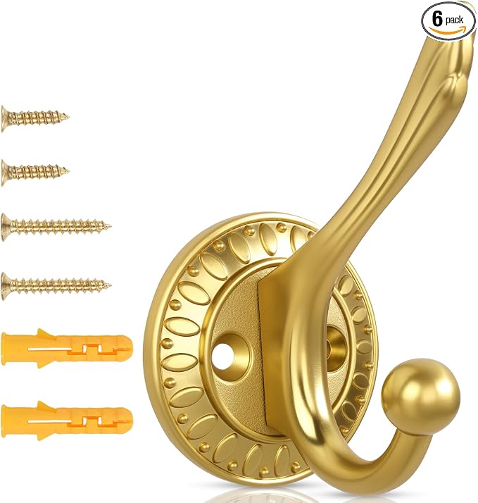 Brushed Gold Heavy Duty Wall Hooks – 6 Pack Rustic Coat Hooks for Hanging Coats,Robes,Bags,Hats,Wall Mounted with Includes Two Types of Installation Screws YDLSJ