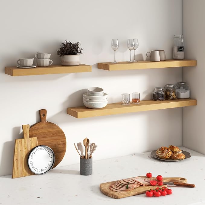 FLYJOE Floating Shelves for Wall, USA-Sourced Brich Wood 36 Inch Long Wall Shelves Set of 2, Natural Wooden Mounted Picture Ledge Shelf, Nursery Book Storage Shelf Kids Bookshelf, Display Shelf