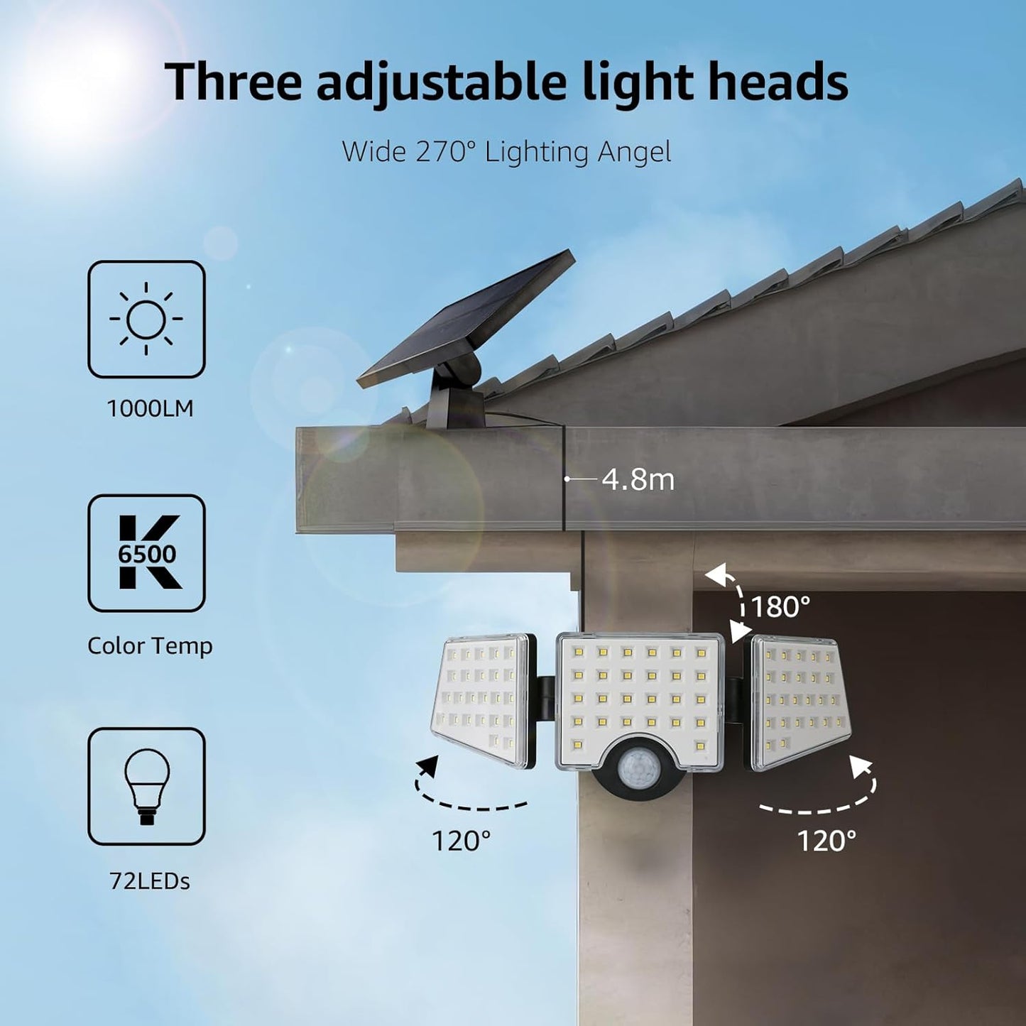 Lepro Solar Lights for Outside, WL5000 Motion Activated Security Lights, Separate Solar Panel, 3 Adjustable Head 270° Wide Lighting Angle, IP65 Waterproof Wall Lamp for Porch Yard Garage