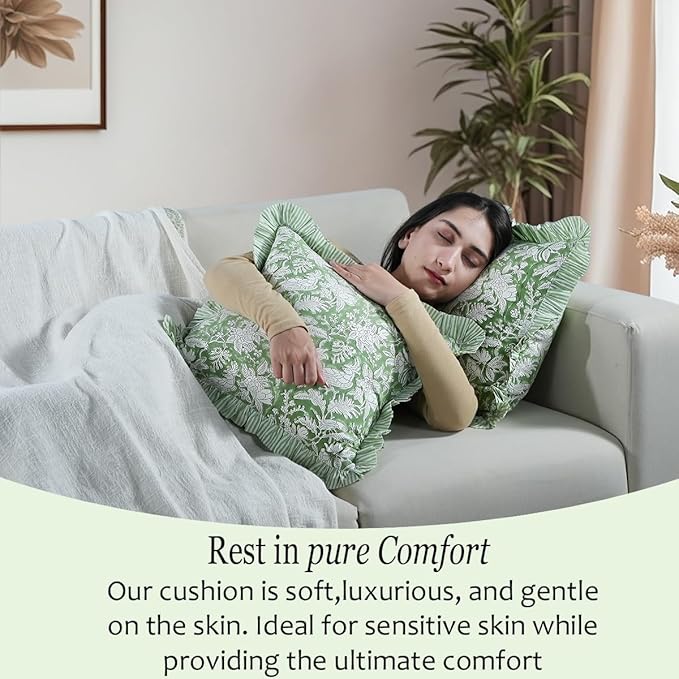 CPC Olive Green 100% Cotton Block Print Ruffle Pillow Cover 16X16 inch, Handmade Boho Floral Pillowcase, Farmhouse Cottagecore Bedding, Soft Decorative Cushion Cover for Bedroom Décor