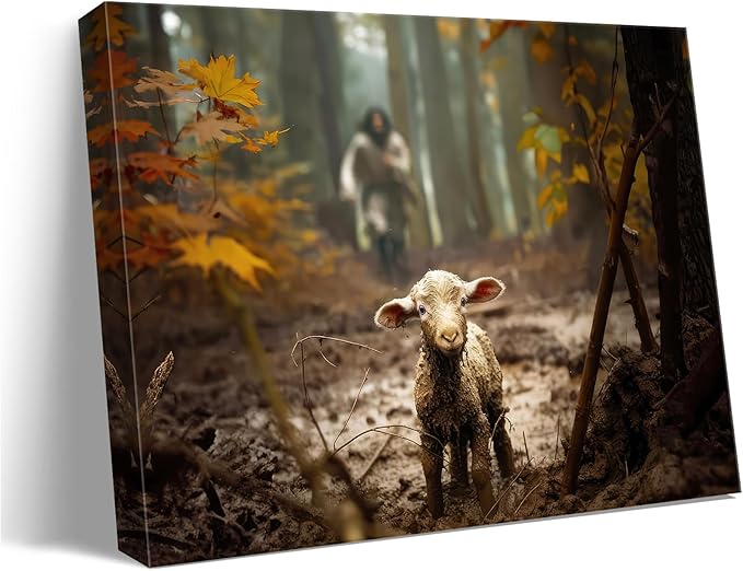 Baptism gifts for boys or girl wall decor, christian gifts for women & men, Jesus and Lamb Canvas poster Jesus Running After Lost Lamb Picture for prayer room Posters religious gift serenity prayer wall art for home decor A-366 (24"X16")