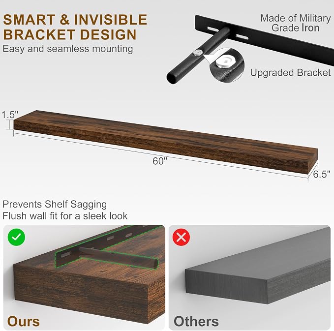 Fun Memories 60 Inch Fireplace Mantel - Long Floating Shelf, Wall Mounted Farmhouse Display with Invisible Heavy Duty Metal Bracket, Brown, 2 Pack