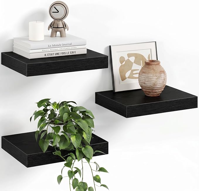 Fun Memories Floating Shelves for Wall with Invisible Brackets, 10 Inch Wall Mounted Wood Shelves with Wood Grain for Living Room, Bedroom, Bathroom, Kitchen Decor and Storage, Black - Set of 3