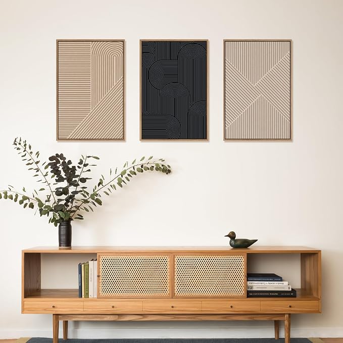 LHIUEM Large Abstract Textured Line Framed Canvas Wall Art,Boho Beige Black Wall Decor,Modern Neutral Minimalist Art Painting Painting for Living Room,Bedroom,Dining Room,Office -24"x36"x3