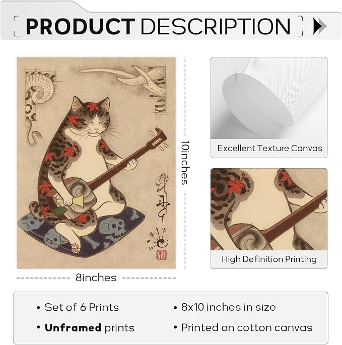Japanese Cat Wall Art Samurai Cat Canvas Poster Anime Wall Decor Asian Prints Japan Painting Japanese Home Poster Tattoo Fantasy Artwork Funny Pictures for Living Room Bedroom 8x10x6 Inch Unframed