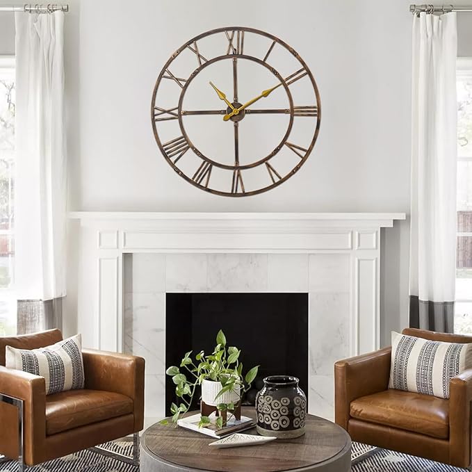 Large Wall Clock for Living Room Decor – 40 Inch Knocked-Down (KD) Silent Non-Ticking Modern Farmhouse Wall Clock, Oversized Decorative Metal Roman Numeral Clock, Bronze