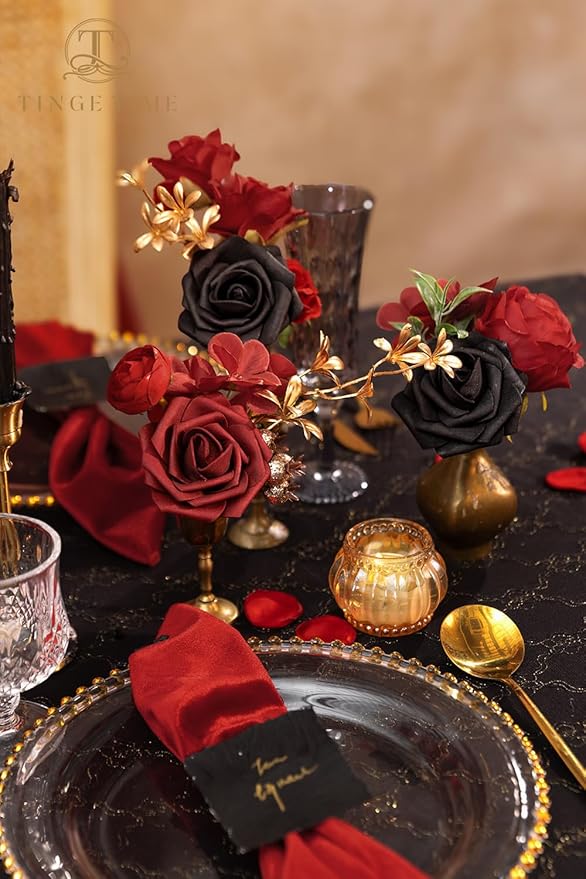 TINGE TIME Rose Artificial Flowers Combo, Fake Foam Roses with Stems for DIY Wedding Bridal Shower Decorations Party Table Centerpieces Fake Floral Arrangement Home Decor(Gothic Black and Red)