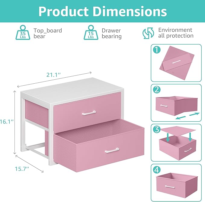 BOLUO Stackable Storage Drawers Closet Organizers and Storage Fabric White 2 Drawer Dresser for Bedroom Modern Pink