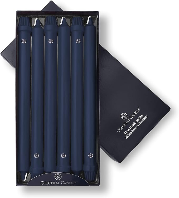 Colonial Candle Unscented Taper Candle, Classic Collection, Indigo, 12 In, Pack of 12 - Up to 10 Hours Burn