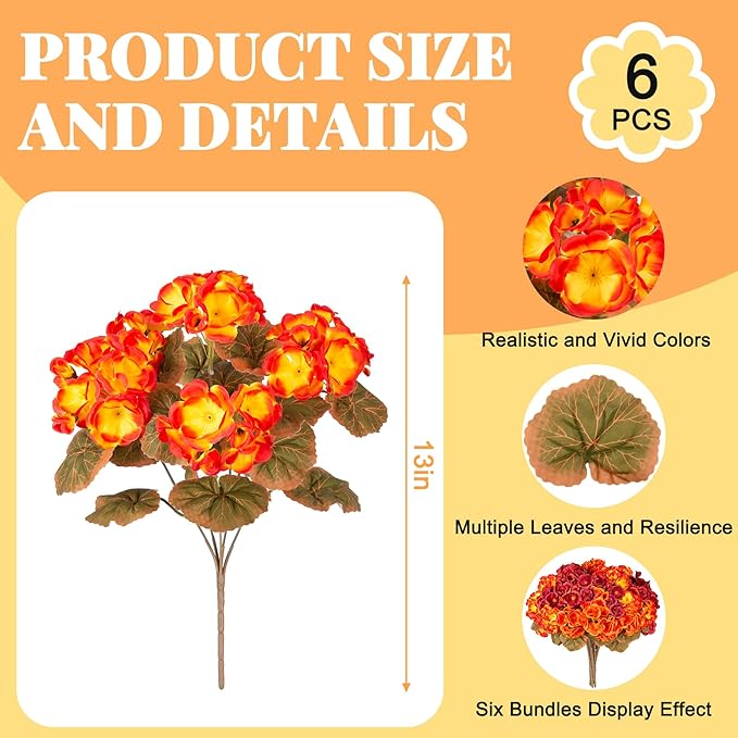 Ammyoo Fake Fall Flowers Artificial for Outdoors Decoration, 6 Bundles Faux Geranium Silk Flower Outside UV Resistant No Fade Artificial Floral for Home Garden Balcony Indoor Table Centerpieces Decor