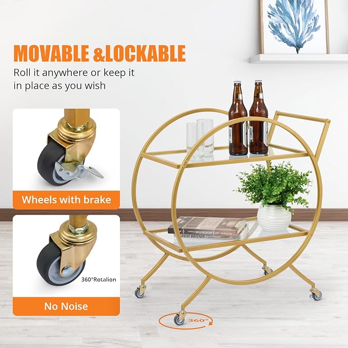 Bar Cart, 2 Tier Mobile Mini Bar, Kitchen Serving Cart and Coffee Station with Lockable Wheels, Storage for Liquor, Metal and Mirror, Modern