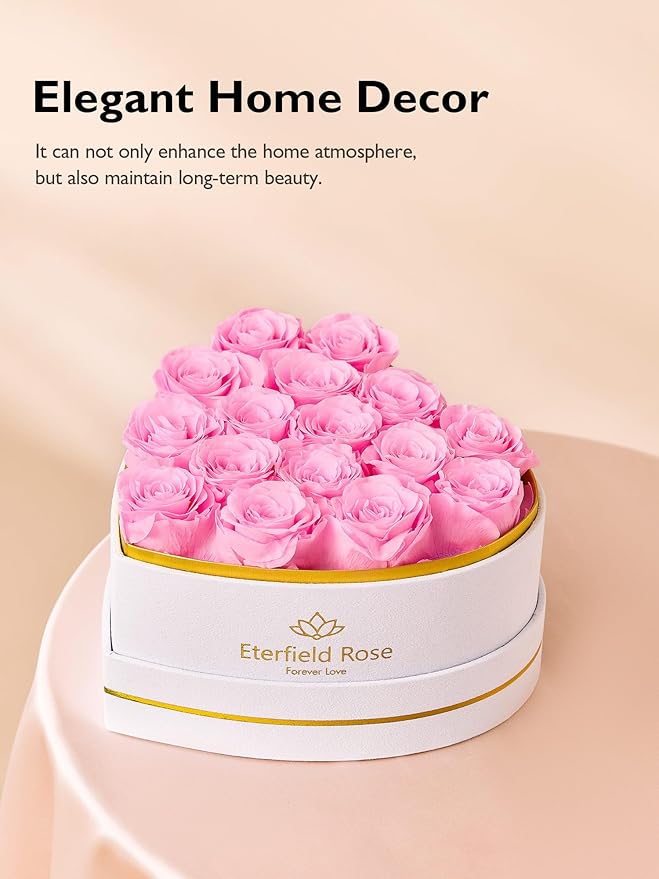 Eterfield 16 Forever Flowers in Heart Shape Box, Preserved Roses That Last a Year Preserved Flowers Birthday Gifts for Her Mom Women Wife Anniversary Valentines Day Mothers Day Christmas, Light Pink