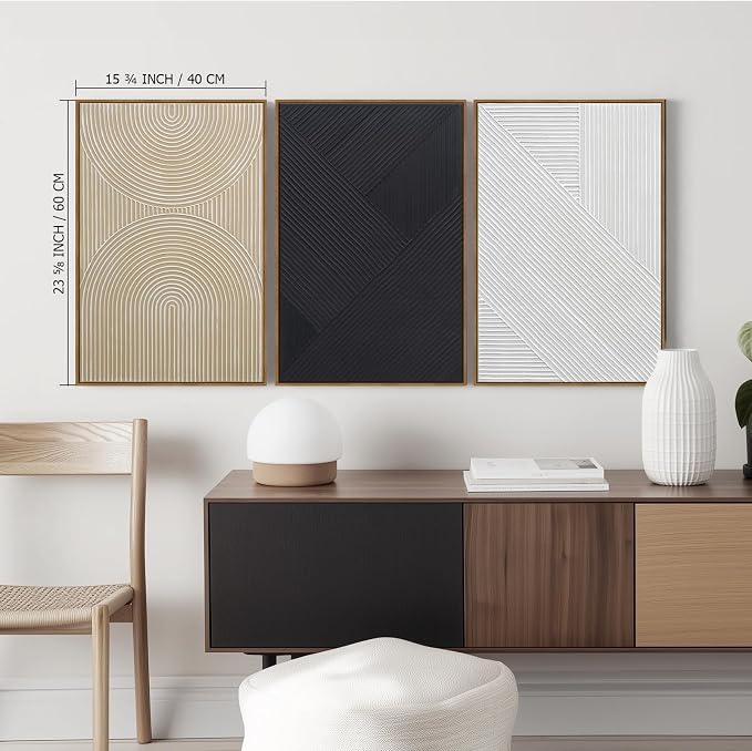 Neutral Textured 3D Wall Art Boho Abstract Hand-Painted Framed Wall Decor Minimalist Geometric Artwork Paintings- Living Room Bedroom Office - Modern Boho Black White Neutral Line 16"x24" 3 piece