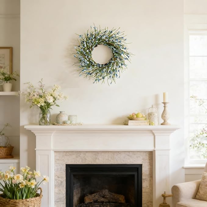 Bibelot 20inch Artificial Forsythia Flower Wreath, All Year Around Wreath for Front Door, Wedding Window Home Wall Indoor Front Door Decor (Blue, 20in)