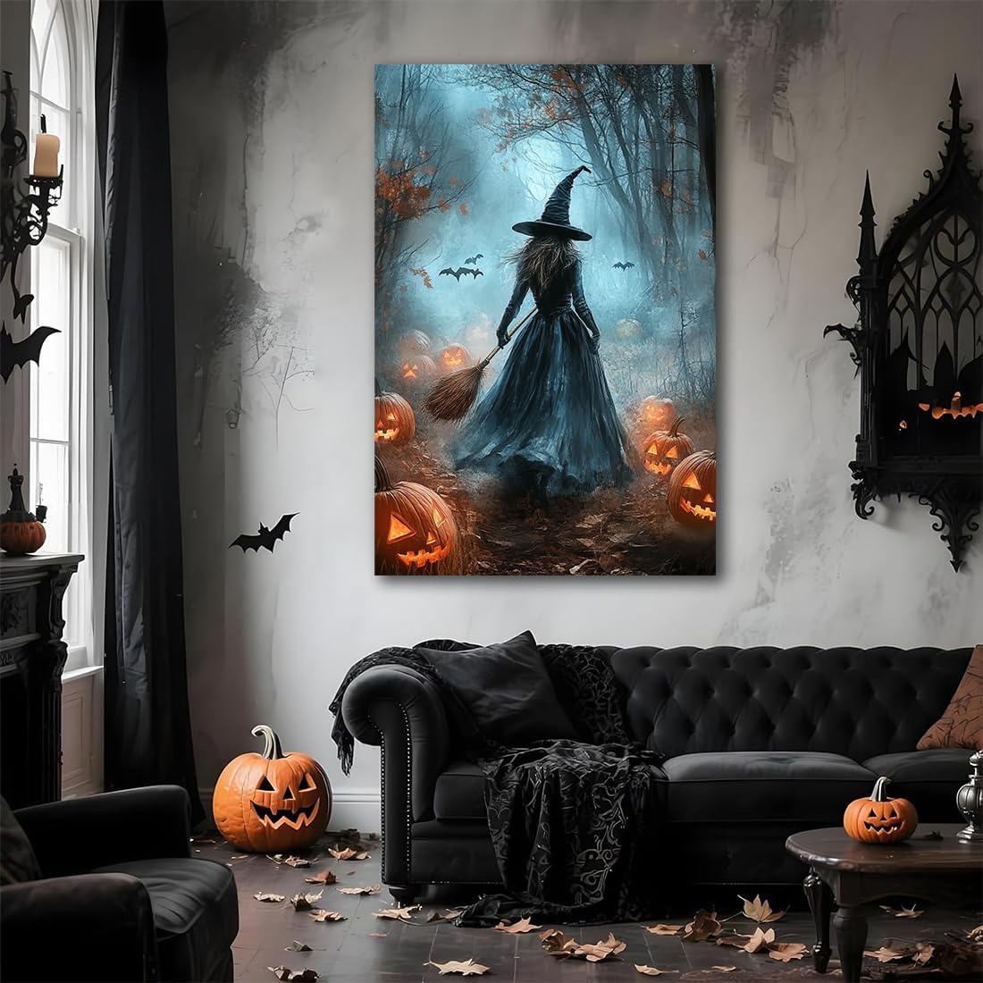 Vintage Moody Halloween Witch Artwork Wall Decor,Spooky Halloween Gothic Canvas Artwork Creepy Horror Witch with A Broom Pumpkin Bats Rustic Forest Picture,Dark Academia Poster,16"x24" Unframed