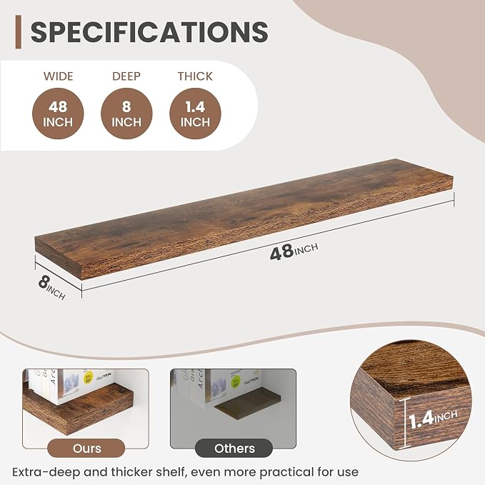 Acovy 48 Inch Floating Shelves, 8 Inch Deep Floating Shelves for Wall, Hanging Shelf with Invisible Brackets, Deep Shelves for Bathroom, Bedroom, Living Room, Brown, Set of 1