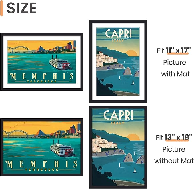 upsimples 13x19 Picture Frame, Display Pictures 11x17 with Mat or 13 x 19 Without, Wall Hanging Poster Frames, Black, 1 Pack