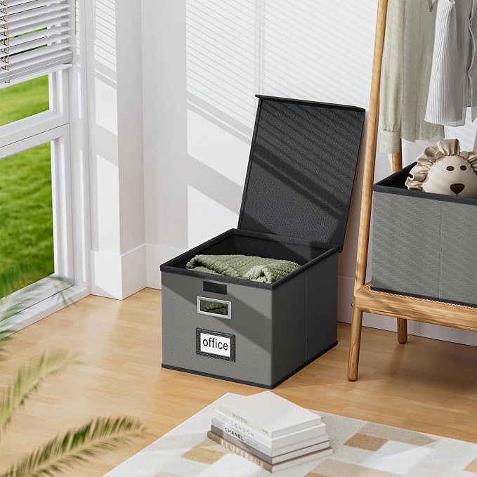 File Organizer Boxes with Lids, Collapsible Faux Leather Hanging File Folder Box Organizer with Plastic Slide, Decorative Home/Office Filing System Boxes for File and Folders Storage