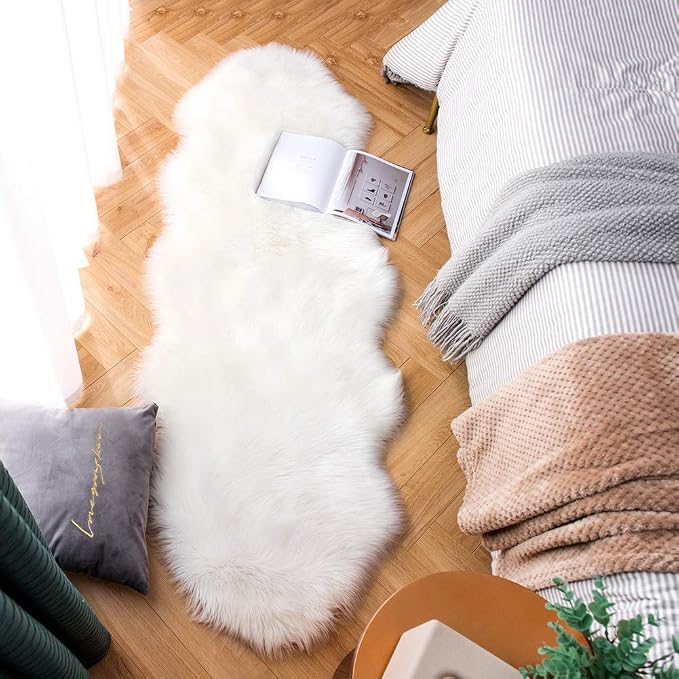 Carvapet Faux Sheepskin Rug Runner - Plush Fur Couch Pad Covers for Sofa, White Shaggy Decorative Area Rugs for Bedroom Bench 2ft x 6ft
