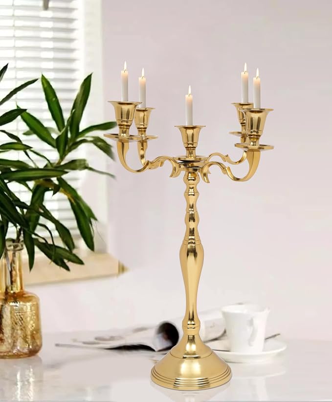 Metal Candelabra Five Arm Decorative Candlestick Holder for Weddings, Events, Dining Table Centerpiece Decoration, Halloween, Thanksgiving, Christmas, New Year & Everyday Use - 16 Inch Tall - Gold