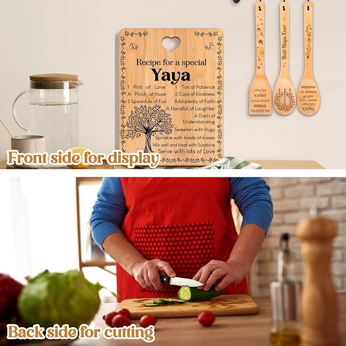 Yaya Gifts - "Recipe for a Special Yaya" Yaya Gifts for Grandma Cutting Board Set, Bamboo-Made Engraved Utensil Set Gifts for Yaya Cutting Board, Mothers Day Gifts for Yaya