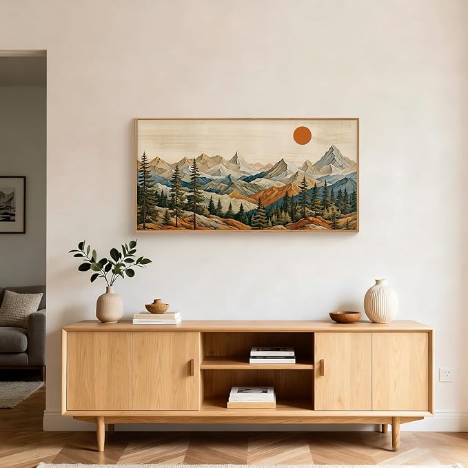 Boho Mountain Woodcut Framed Canvas Wall Art 20"X40" | Vintage Pine Tree Brown Forest Art Painting Natural Sunrise Beige Artwork