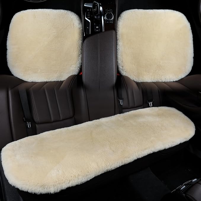 OGLAND Fuzzy Genuine Sheepskin Car Rear Seat Covers for Kids Dogs Pets Auto Fluffy Back Cushions Interior Accessories with Soft Wool Natural Fur, Pearl