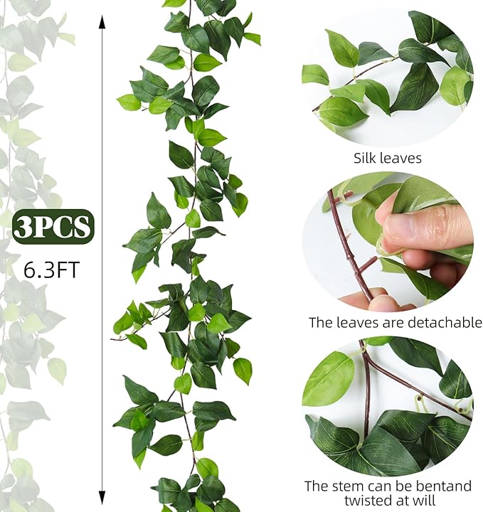 RECUTMS Artificial Vines Ivy Garland 3Pcs 6.3Ft Fake Green Leaves Ivy Garland Faux Hanging Plants Greenery for Spring Home Outdoor Indoor Home Wall Garden Table Wedding Room Easter Decor