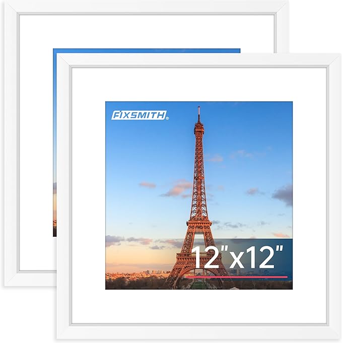 FIXSMITH 12x12 Picture Frame White Set of 2, Photo Frame with HD Plexiglass, Display Pictures 8x8 with Mat or 11x17 Without Mat, White Picture Frames Collage Wall Decor, Gallary Wall Frame