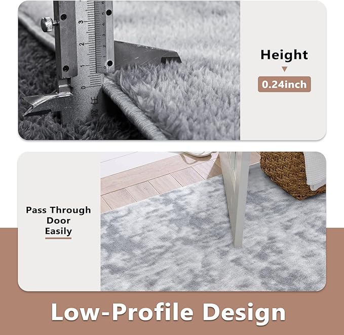 FinRèc 5x7 Washable Area Rugs for Bedroom Living Room, Low Pile Thin Ultra Soft Shag Rug, Non-Slip Carpet Indoor for Home Decor (Tie-dye Grey)
