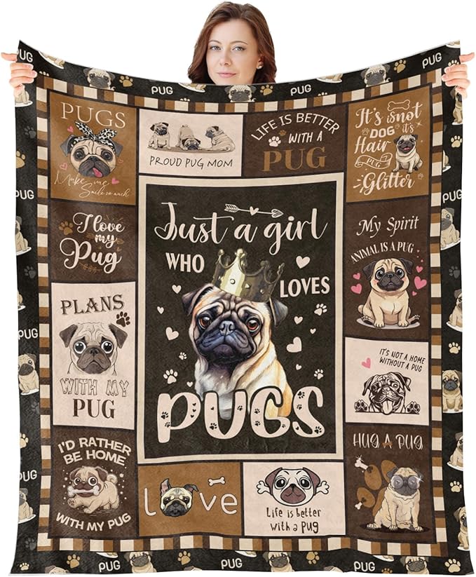 Wxiben Pug Throw Blanket Gifts - Cartoon Pug Gifts for Women Pugs Lovers Puppy Gifts for Boys Girls Pugs Dog Owners Soft Flannel Blanket for Home Christmas Sofa Couch Bed Decor 60 x 50 Inches
