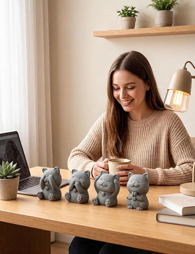 4 Piece Cute Cat Figurine Set, Sandstone See no Evil,Hear no Evil,Speak no Evil,Do no Evil Statues, Zen Desk/Garden Decor, Adorable Kitty Accents for Home Office