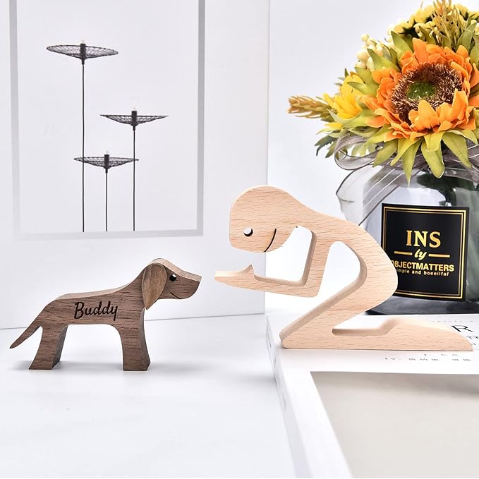 Custom Wooden Sculpture Name Engraved Human and Dog Statues