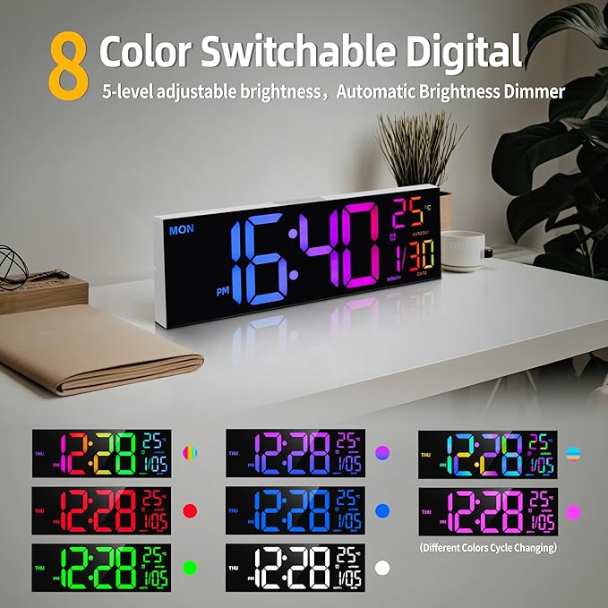 HAITANG 8 Colors Digital Wall Clock, 16.2" Large Digital Clock with Temperature, Date, Auto DST, Night Light, Auto Brightness Dimmer, 24/12-hour Wall Clock for Living Room Office Classroom Gym