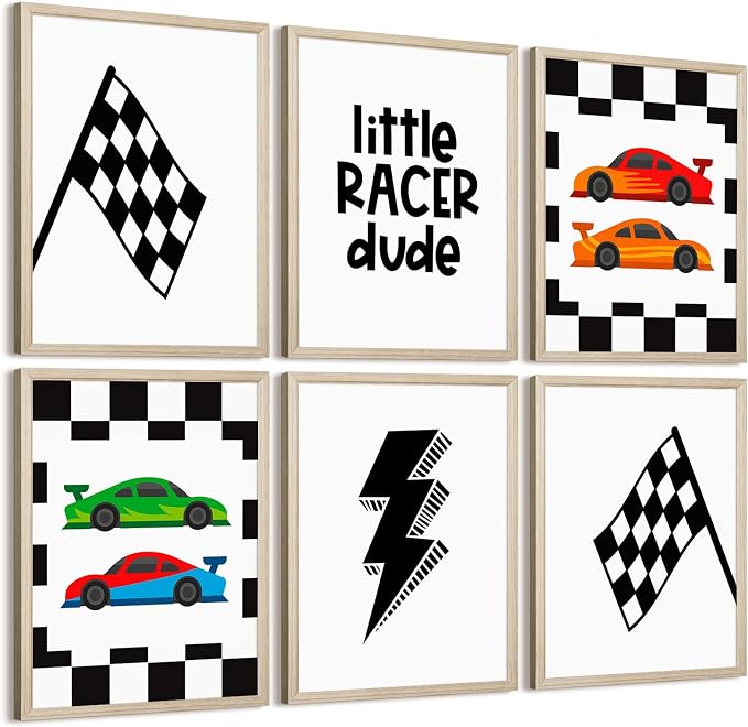 Race Car Wall Art Pictures Boys Room Wall Decor Nursery Toddler Canvas Wall Art Kids Playroom Art Prints Boys Race Car Poster Nursery Artwork Set of 6 for Bedroom 8x10 Inch Wood Framed