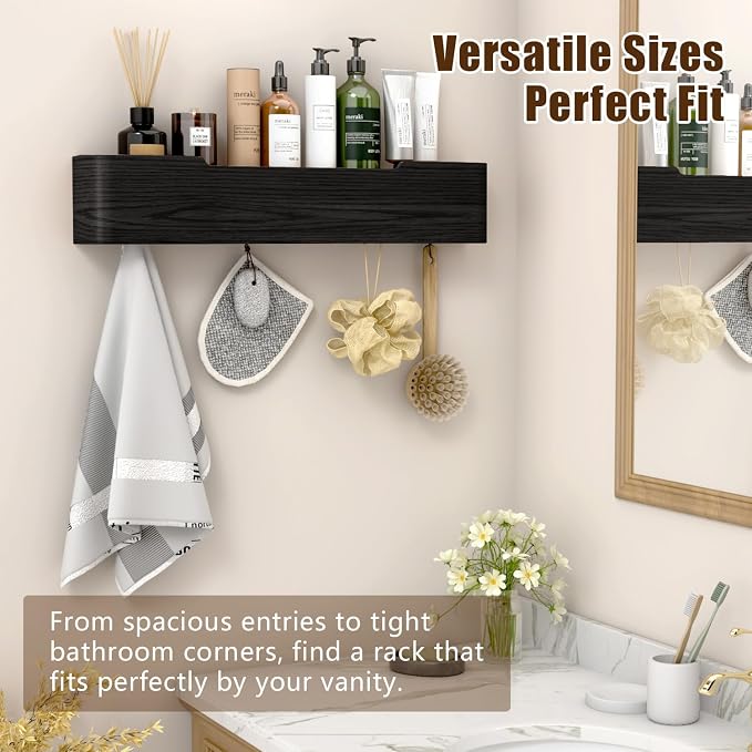 Coat Rack Wall Mount with Hidden Hooks, Wall Hooks with Shelf, Wall Key Holder Mount Wooden Shelf Entryway Hooks for Bedroom Bathroom for Hanging Coats Hats Bags Towels (Black, 5 Hooks)
