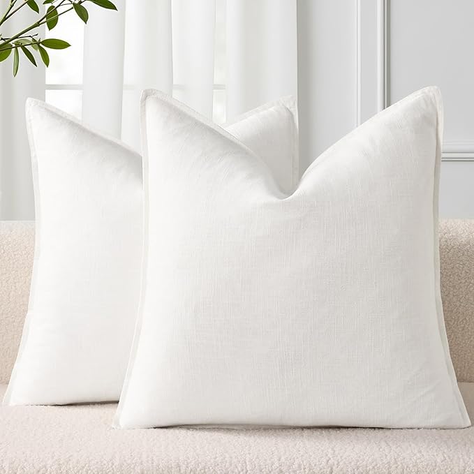 decorUhome Summer Decorative Linen Euro Sham Throw Pillow Covers 24x24 Inch Set of 2 Cream White Pillow Covers with Flange Edges Soft Farmhouse Boho Accent Pillow Cases for Couch Bed Living Room