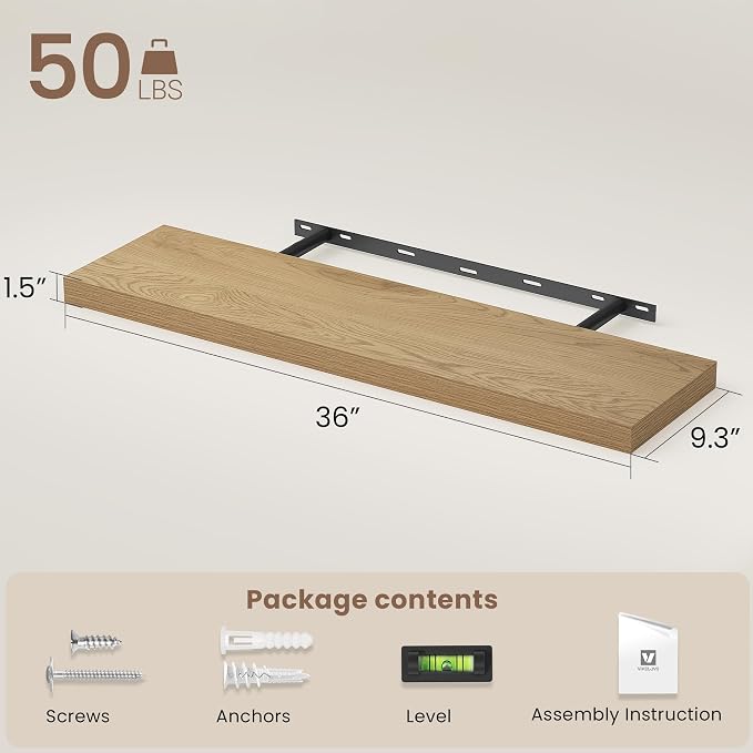 Vivelove 36 Inch Floating Shelves for Wall, 9" Deep Display Shelves for Bathroom Living Room Kitchen Bedroom Office Farmhouse Home Decor - Set of 2, Oak