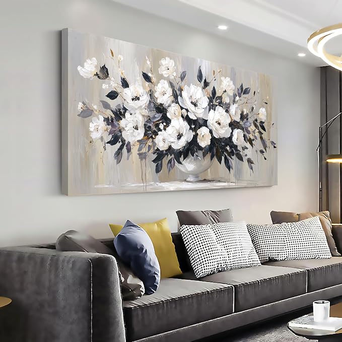 Ggaafet Black and White Flowerpot Wall Art for Living Room Canvas Oil Painting Prints Beautiful Flowers Floral Blooming Art Deco Pretty Artwork Office Bedroom Family Dining Room Decor Large