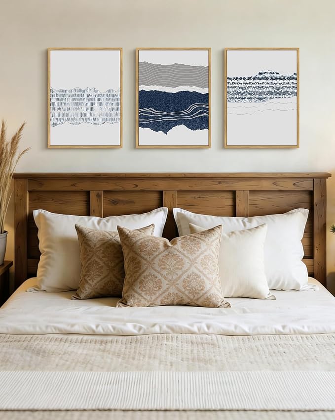 PHOPAGO Navy Blue Abstract Shapes Framed Wall Art Mid Century Minimalist Boho Wall Decor Modern Neutral Rustic Farmhouse Living Laundry Decor - 12x16in Natural Framed