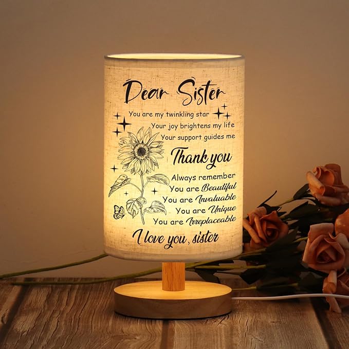 WSYEAR Sister Gifts for Women, Christmas Birthday Gifts for Sister,Table Lamp with Wooden Stand Anniversary Wedding Present for Girls